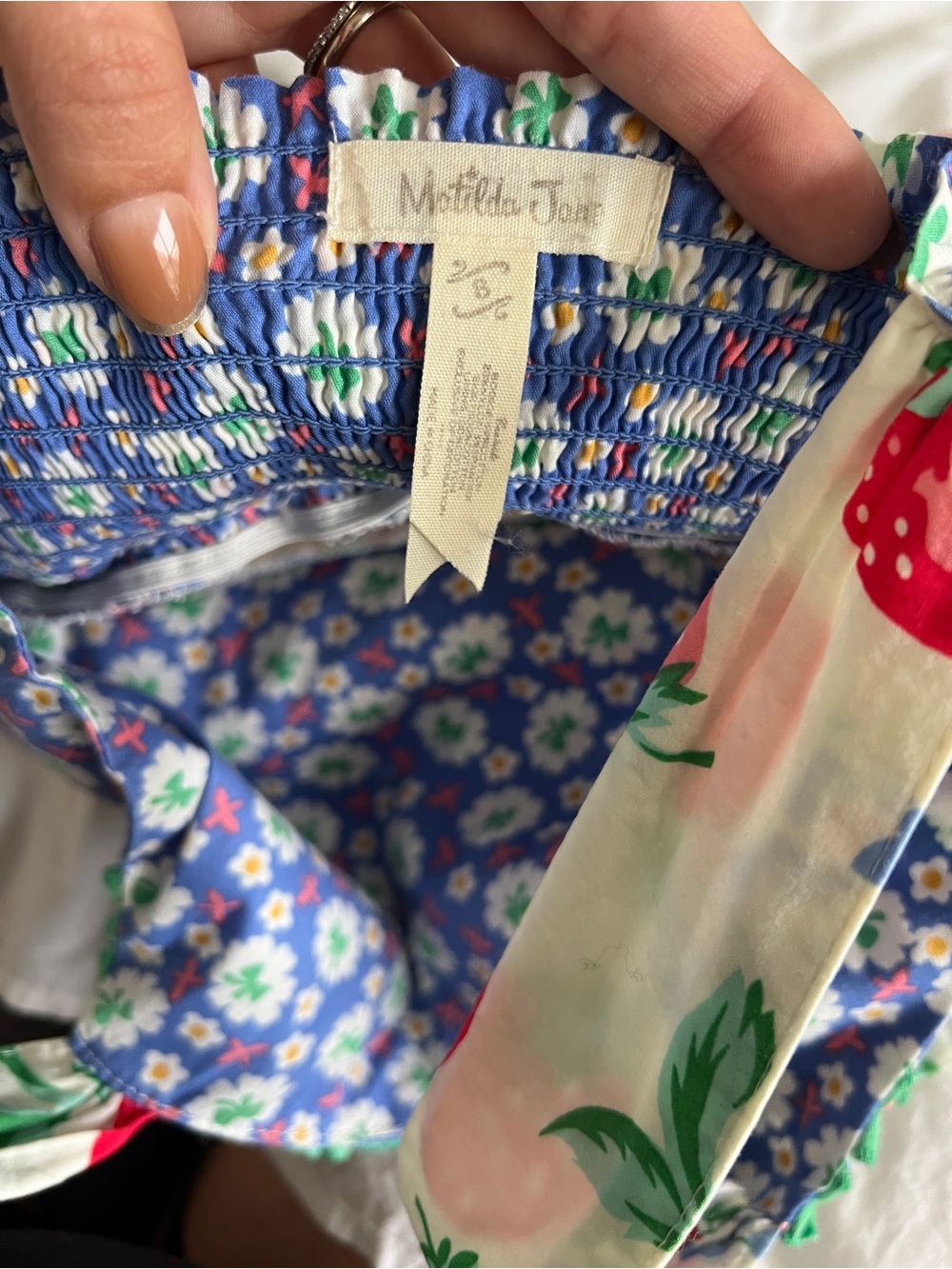 Matilda Jane Blue & Cream Strawberry Print Ruffle Sundress| Matching Hair Bow - Picture 6 of 8